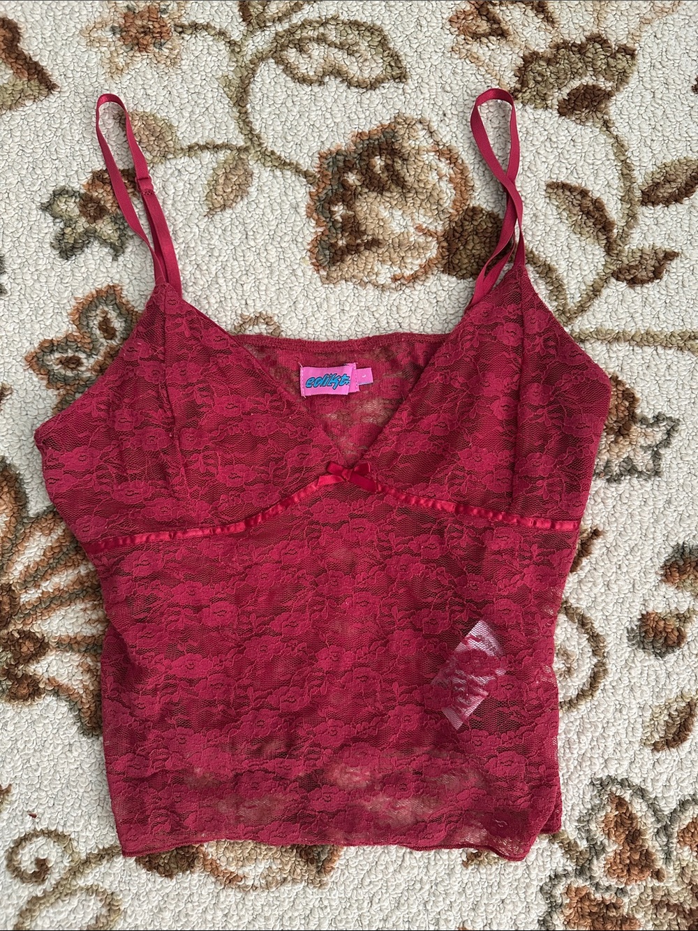 Edikted Sheer Lace Cami Tank Top in Deep Raspberry